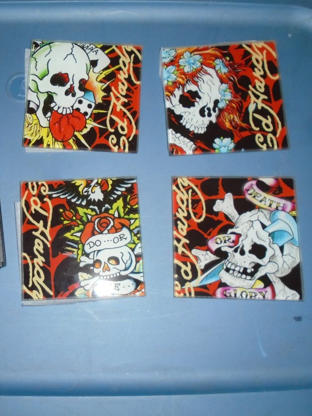 NEW VINTAGE Y2K ED HARDY SKULL TATTOO GLASS COASTERS SET OF 4 WITH PLASTIC CADDY